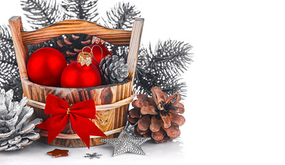 Red christmas balls with branch of firtree, red bow and silver star isolated on white background. Christmas holiday decorations. Greeting card or festive banner template