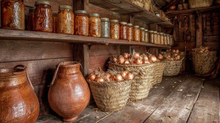 Fototapeta premium A wooden shelf with jars of food and a large pot of onions. The jars are filled with various foods, including pickles and onions. The scene has a rustic, homey feel to it, with the wooden shelves
