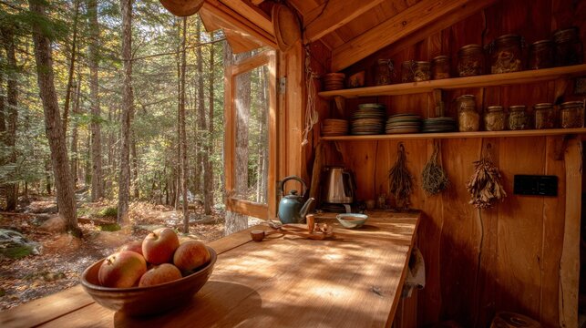 A wooden cabin with a kitchen area with a table and a bowl of fruit. The table is surrounded by a window and a shelf with many jars and bottles. Scene is cozy and rustic