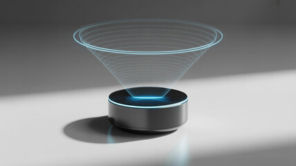 Modern smart speaker with glowing blue lines emitting from top