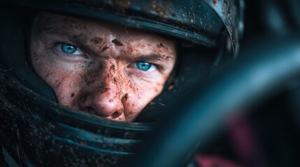 A close-up shot of a focused race car driver with a muddy helmet, intensely gazing through the steering wheel, capturing the adrenaline and grit of motorsports.