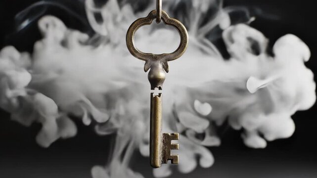 Magical transformation of antique key in enveloping smoke and light