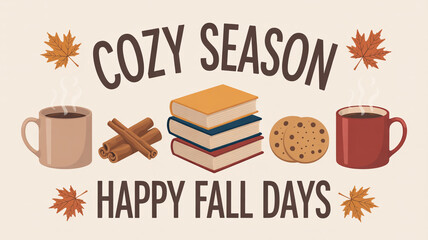Cozy fall scene with books, cookies, and hot drinks
