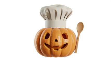 Halloween jack o lantern wearing chef hat with wooden spoon