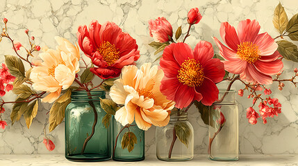 Vintage jars with blooming flowers