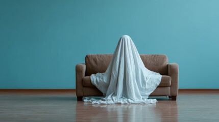A playful depiction of a ghost covered with a white sheet sits on a couch, invoking a sense of mystery and humor while adding a quirky element to home decor.