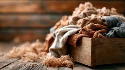 A beautifully arranged collection of cozy, textured fabrics spilling from a wooden box, exuding warmth and inviting comfort, perfectly capturing the essence of homeliness.