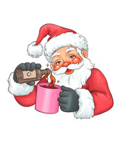 Cute Santa Claus pouring a festive drink, isolated Christmas illustration on transparent background, PNG