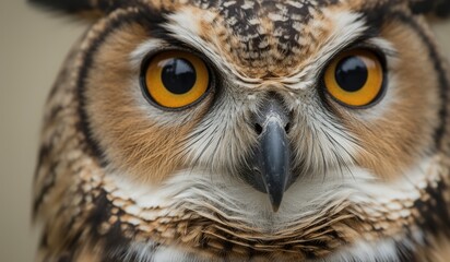 A magnificent owl sits perched, its bright orange eyes fixed on the surroundings
