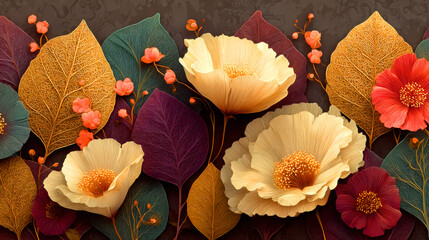 Golden leaves floral wallpaper brown background