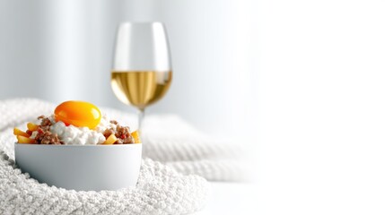 An elegant dish featuring a raw egg yolk perched atop savory ingredients, complemented by a glass of white wine for a gourmet dining experience purposed for refined taste.