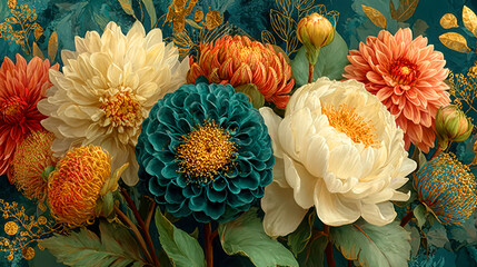 Vibrant chrysanthemums and dahlias bouquet