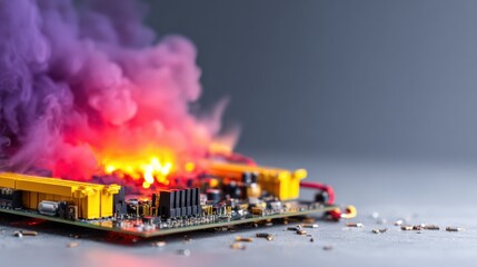 An abstract image of a circuit board engulfed in vibrant smoke and flames, symbolizing technology and chaos merging in a striking visual representation of energy and innovation.