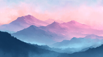 Obraz premium A serene landscape of mountains, enveloped in soft pastel colors, showcasing the beauty of nature at dawn.