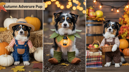 Adorable dog in autumn costumes and settings with pumpkins and apples