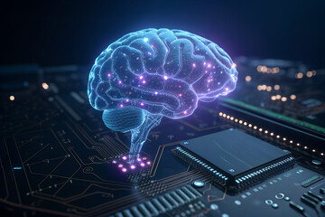 Futuristic glowing blue artificial intelligence brain circuit board with glowing nodes and a central processor chip