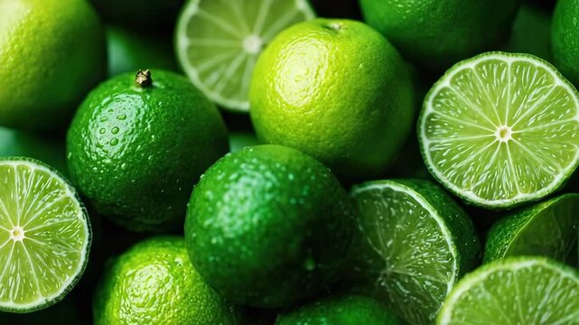 Fresh green limes, whole and halved, stacked together.