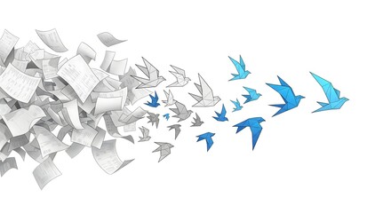 Digital Transformation Concept: Chaotic Pile of Documents Transforming into Flying Blue and White Origami Birds