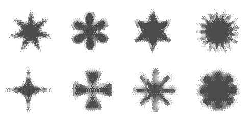 Pixel stars with halftone effect. Bitmap aesthetic shapes for trendy 2000s design. Digital abstract figures. Vector geometric sparkles and twinkles on white background