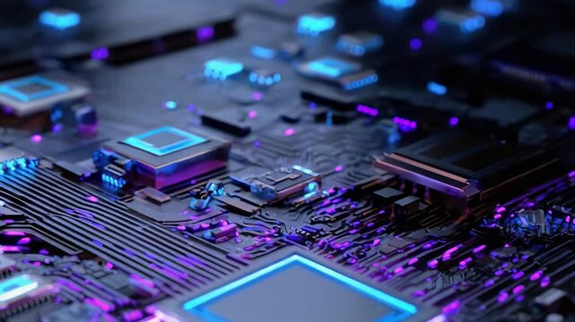 Close-up of a computer motherboard with a glowing central processor chip and neon purple lighting.