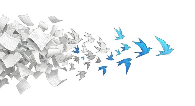 Digital Transformation Concept: Chaotic Pile of Documents Transforming into Flying Blue and White Origami Birds