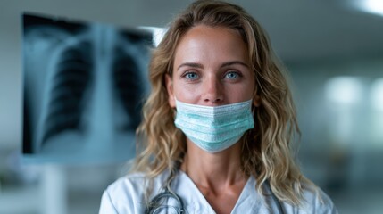 A focused female doctor wearing a mask and looking at the camera stands confidently in front of an x-ray image, representing professionalism and dedication to healthcare.
