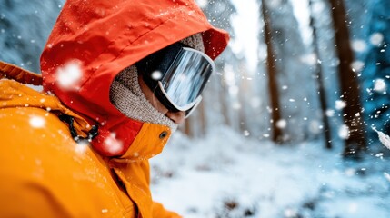 A figure wearing a bright orange winter jacket and goggles stands in a snowy landscape, indicating adventure and the thrill of outdoor sports in winter weather.