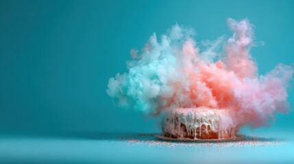 A vibrant cake with colorful smoke dissipating, creating a whimsical atmosphere, showcasing dessert artistry and creative culinary design elements in a surreal visual style.
