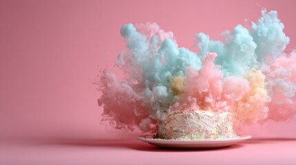 A vibrant cake erupting with soft, pastel-colored smoke clouds, creating a whimsical and festive scene that encapsulates celebration and delight in a playful manner.