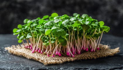 Young radish microgreens with vibrant green leaves and pink stems grow on burlap fabric. Tiny sprouts show emerging roots, ready for