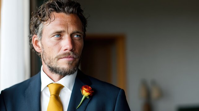 A distinguished man dressed in an elegant suit with a rose boutonni&egrave;re, exuding confidence and sophistication, ideal for showcasing formal attire and groom's fashion inspiration.