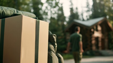 Cabin Move-in Cardboard Box and Green Sleeping Bag, Outdoors , Cabin life