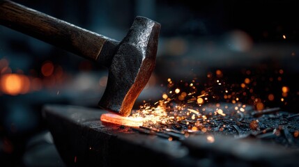 Blacksmith working metal on anvil with sparks