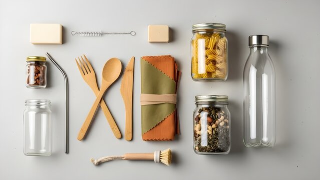 ero Waste Sustainable Kitchen Products Flat Lay with Wooden Cutlery Glass Jars and Eco-Friendly Accessories