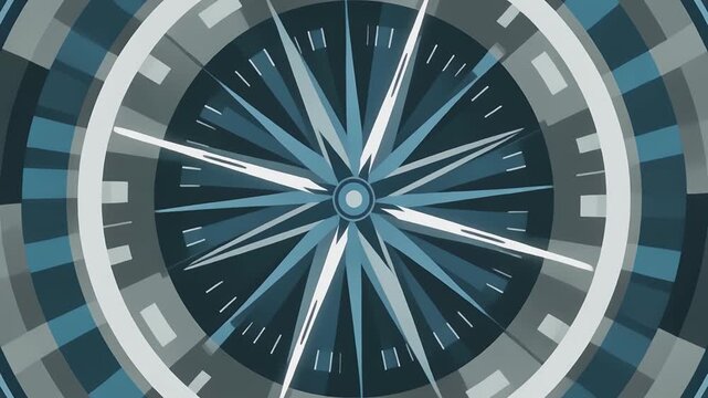 A stylized compass rose design with geometric patterns in shades of blue and grey, representing direction and guidance.