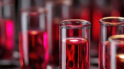 Close up of scientific test tubes with red liquid