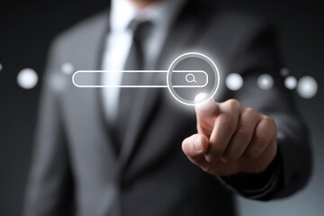 Business professionals use digital tools to optimize search engine results in a modern office setting