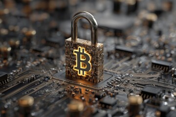 High resolution digital lock representing cybersecurity in the cryptocurrency world with a Bitcoin symbol on a circuit board