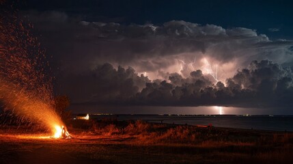 A night scene depicting a beach with a bonfire in the foreground and a thunderstorm with lightning over the water