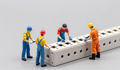 Miniature workers assembling a device on a simple gray background in a creative setup