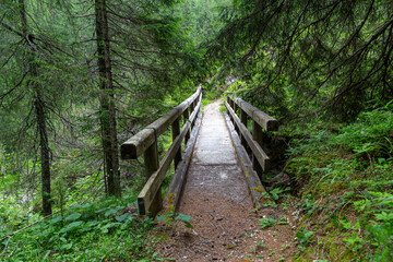 Wooden small bridge in a mountain gorge