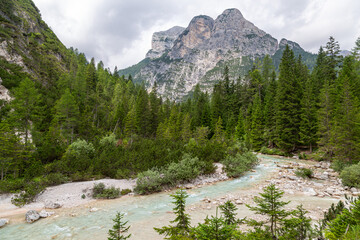 Majestic Boite river view. Dolomites mountains. Italy