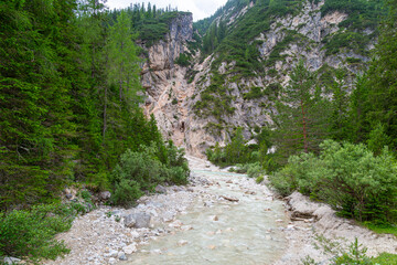 Majestic Boite river view. Dolomites mountains. Italy