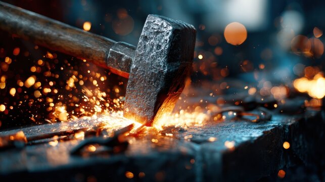 Hot metal being forged by a hammer