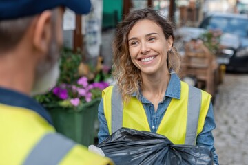Smiling volunteer distributes plastic bags to support community clean-up event on a sunny day