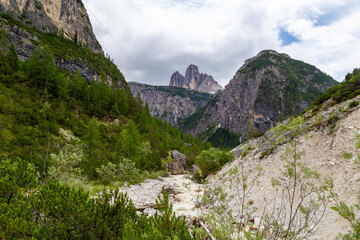 Mountain landscape with Tre Cime di Lavaredo view. Dolomites mountains. Italy