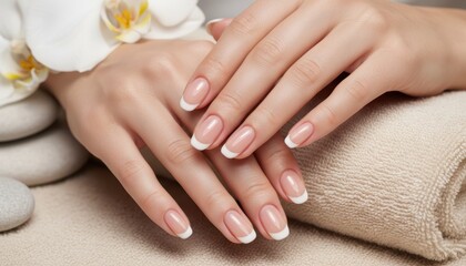 Perfect French manicure on elegant female hands resting on a soft beige towel