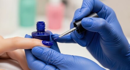 Close-up of manicurist applying vibrant blue gel nail polish to client's finger, emphasizing hygiene and professional beauty treatment.