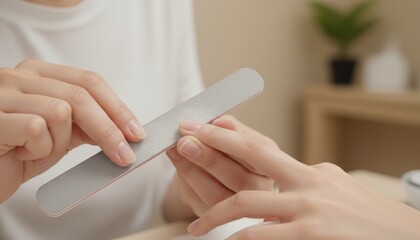 Professional manicure service: Close-up of a technician filing the client's fingernails with a nail file in a bright, modern beauty salon.