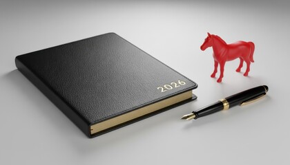 2026 Year of the Horse planning. Black leather diary with gold lettering, fountain pen, and red zodiac figurine.